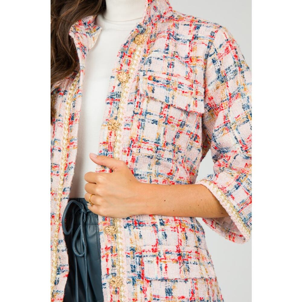 Easel Tweed Belted Shirt Dress/Coat, Teal Blush - Picture 2 of 11